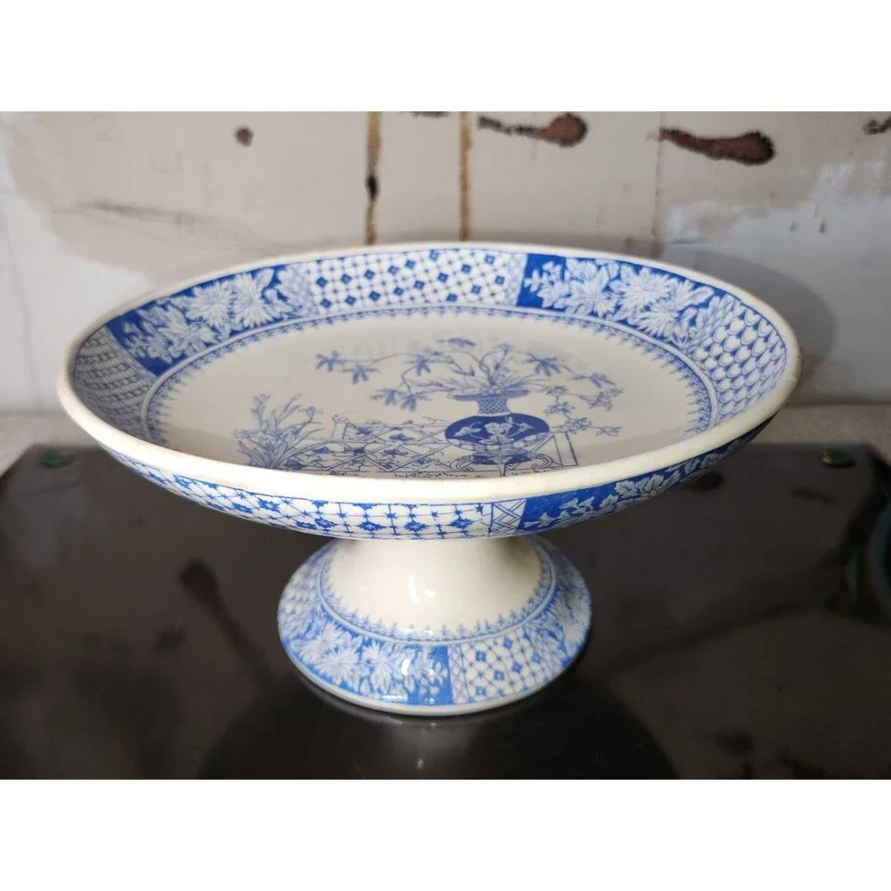 Antique Copeland Compote KEW Pattern Tazza W T & SONS Comport Floral Blue White